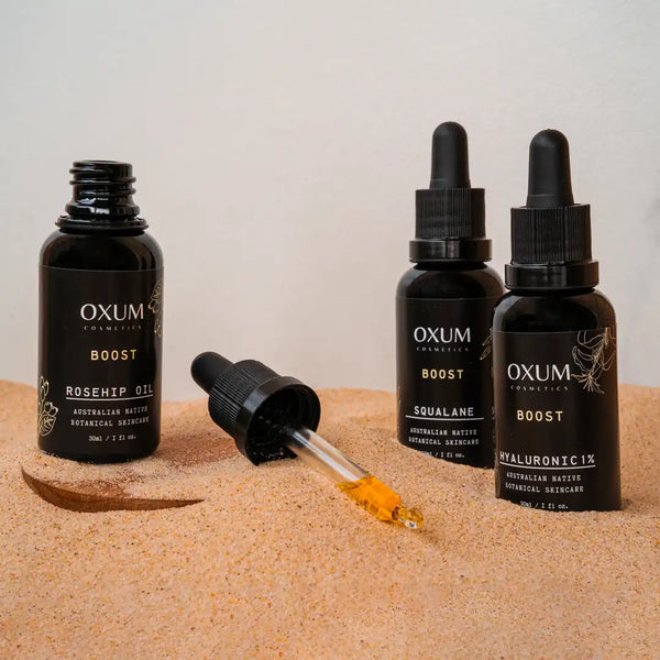 Hyaluronic, Squalane, Rosehip Oil black drop bottles