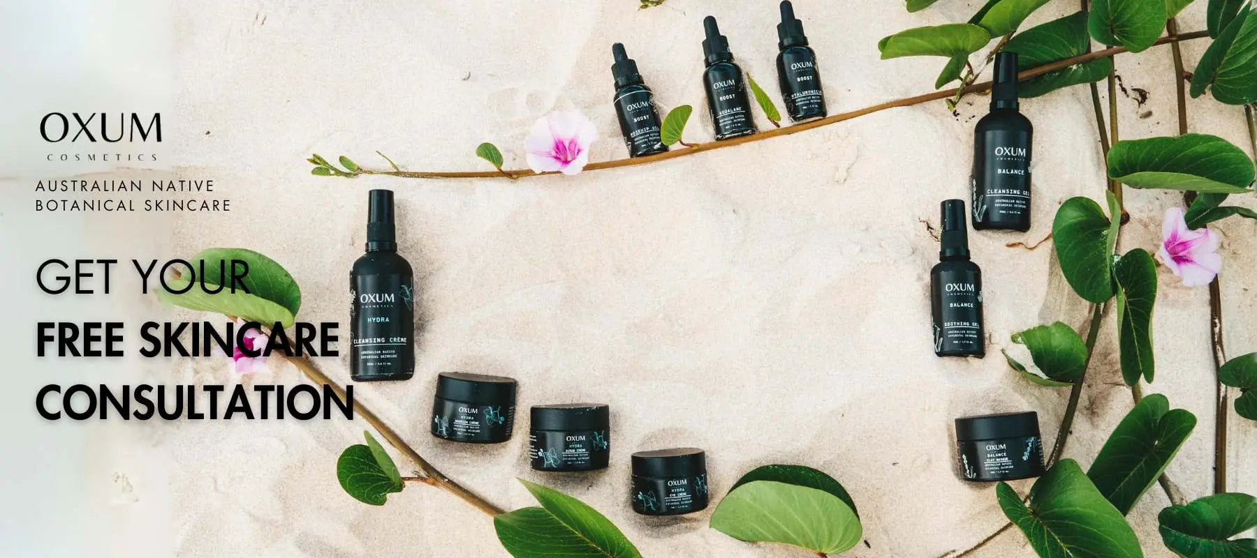 Oxum Cosmetics Australian Native Botanical Skincare full product range on sandy beach