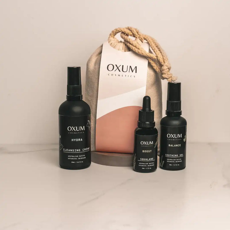 three products skincare kit called oxum sensitive skin bundle
